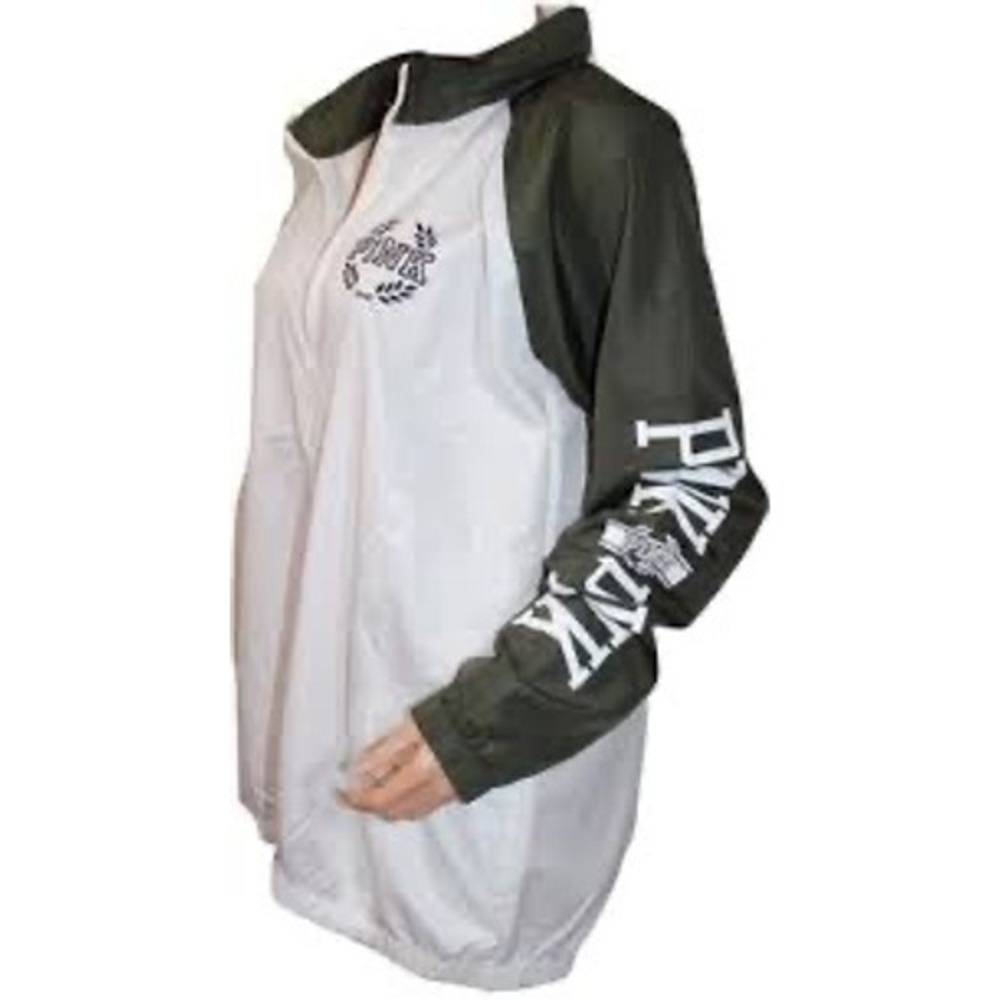 Victoria's Secret PINK White/Dark Green Anorak Hidden Hood Zip Windbreaker M/L